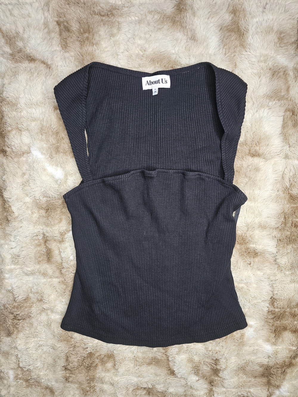 About Us Black Ribbed Off Shoulder Top Women's Medium Fitted Stretch Short Sleev
